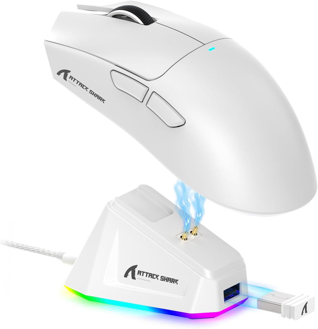 Mouse Gamer Sem Fio ATTACK SHARK X11, Sensor PAW3311, Leve, Base de Carregamento RGB, 22.000 DPI, Conectividade Tri-Mode, 5 Botões Programáveis - Branco