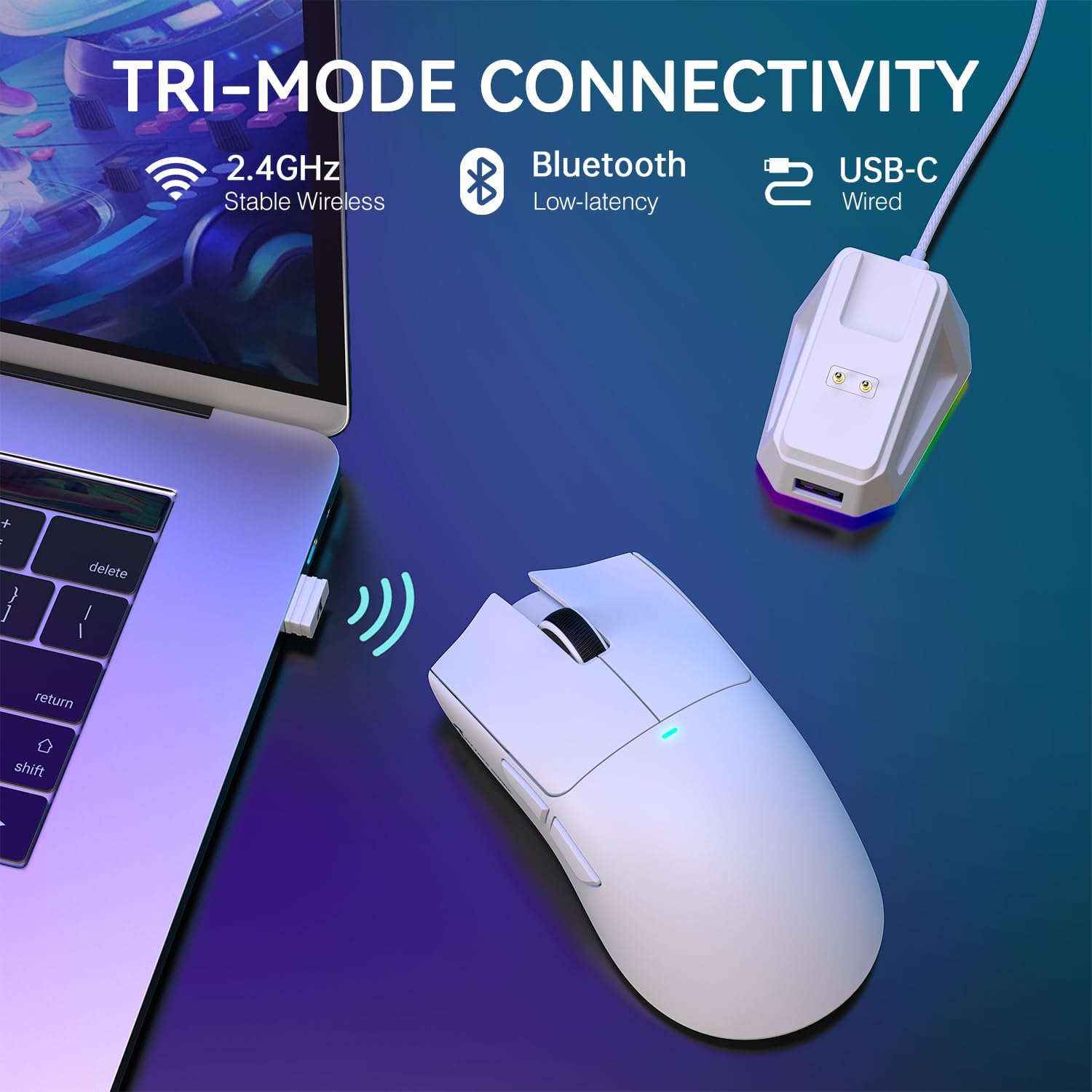 Mouse Gamer Sem Fio ATTACK SHARK X11, Sensor PAW3311, Leve, Base de Carregamento RGB, 22.000 DPI, Conectividade Tri-Mode, 5 Botões Programáveis ​​- Branco_2