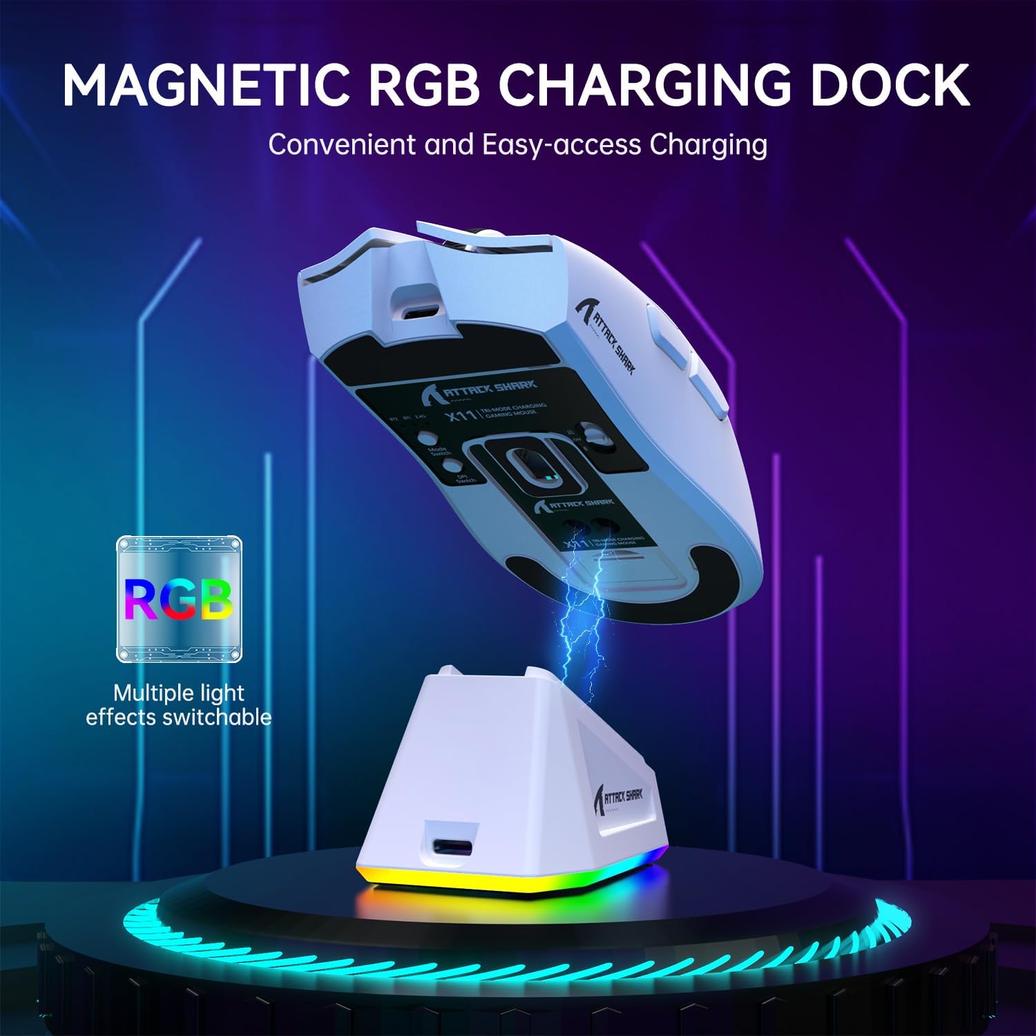 Mouse Gamer Sem Fio ATTACK SHARK X11, Sensor PAW3311, Leve, Base de Carregamento RGB, 22.000 DPI, Conectividade Tri-Mode, 5 Botões Programáveis ​​- Branco_3