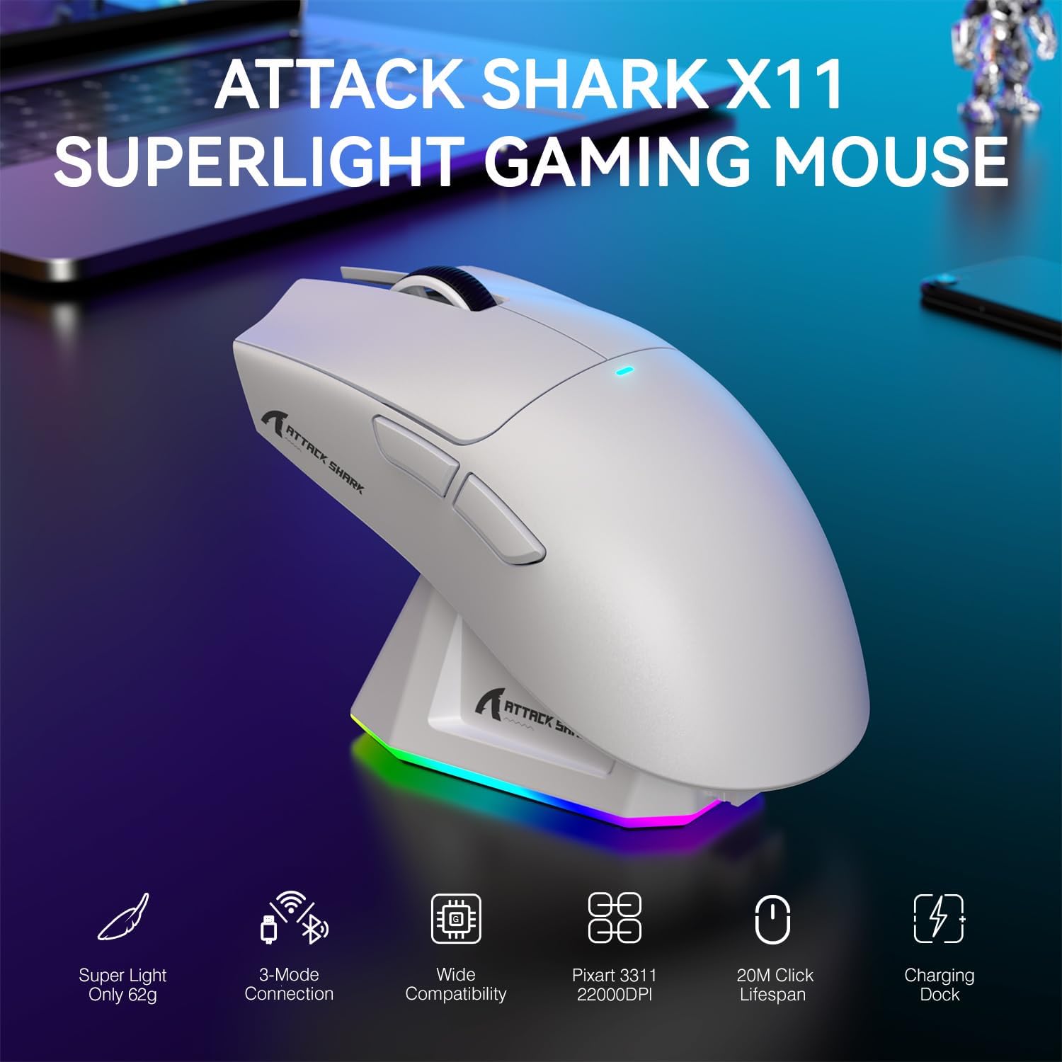 Mouse Gamer Sem Fio ATTACK SHARK X11, Sensor PAW3311, Leve, Base de Carregamento RGB, 22.000 DPI, Conectividade Tri-Mode, 5 Botões Programáveis ​​- Branco_1