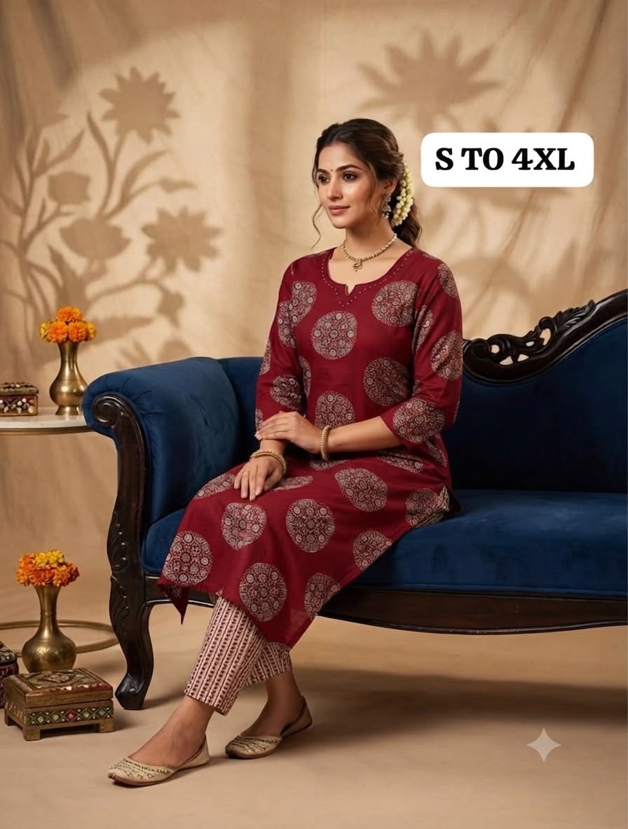 Pure Jaipuri Discharge Print Kurti Pant Set RS