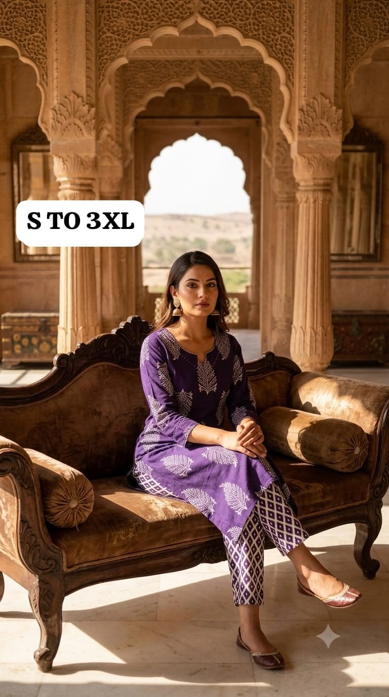 Pure Jaipuri Discharge Print Kurti Pant Set RS