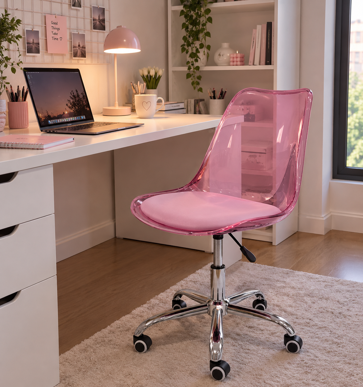 Chaise de Bureau Moderne Transparente Rose avec Coussin En Cuir