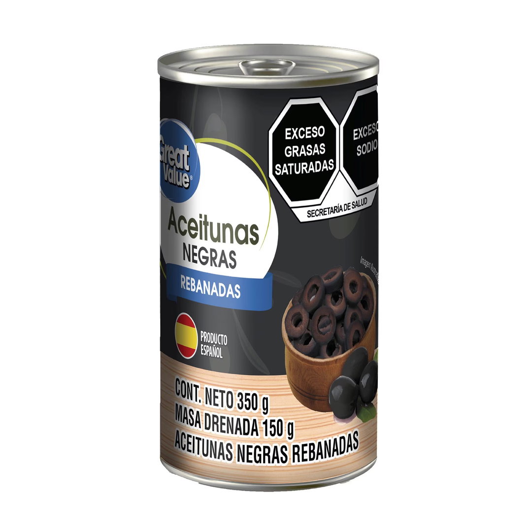 ACEITUNA NEGRA REBANADA GREAT VALUE DE 350 GR