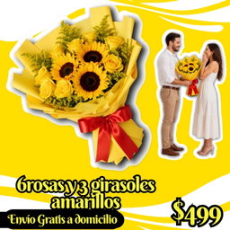6 rosas y 3 girasoles amarillos