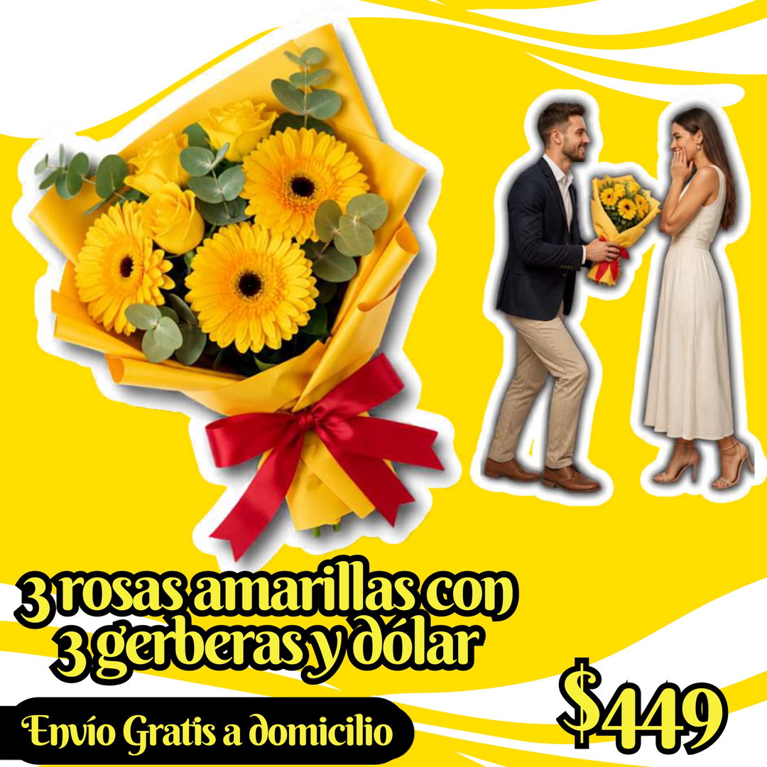 3 rosas amarillas con 3 gerberas y dólar