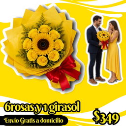 6 rosas y 1 girasol