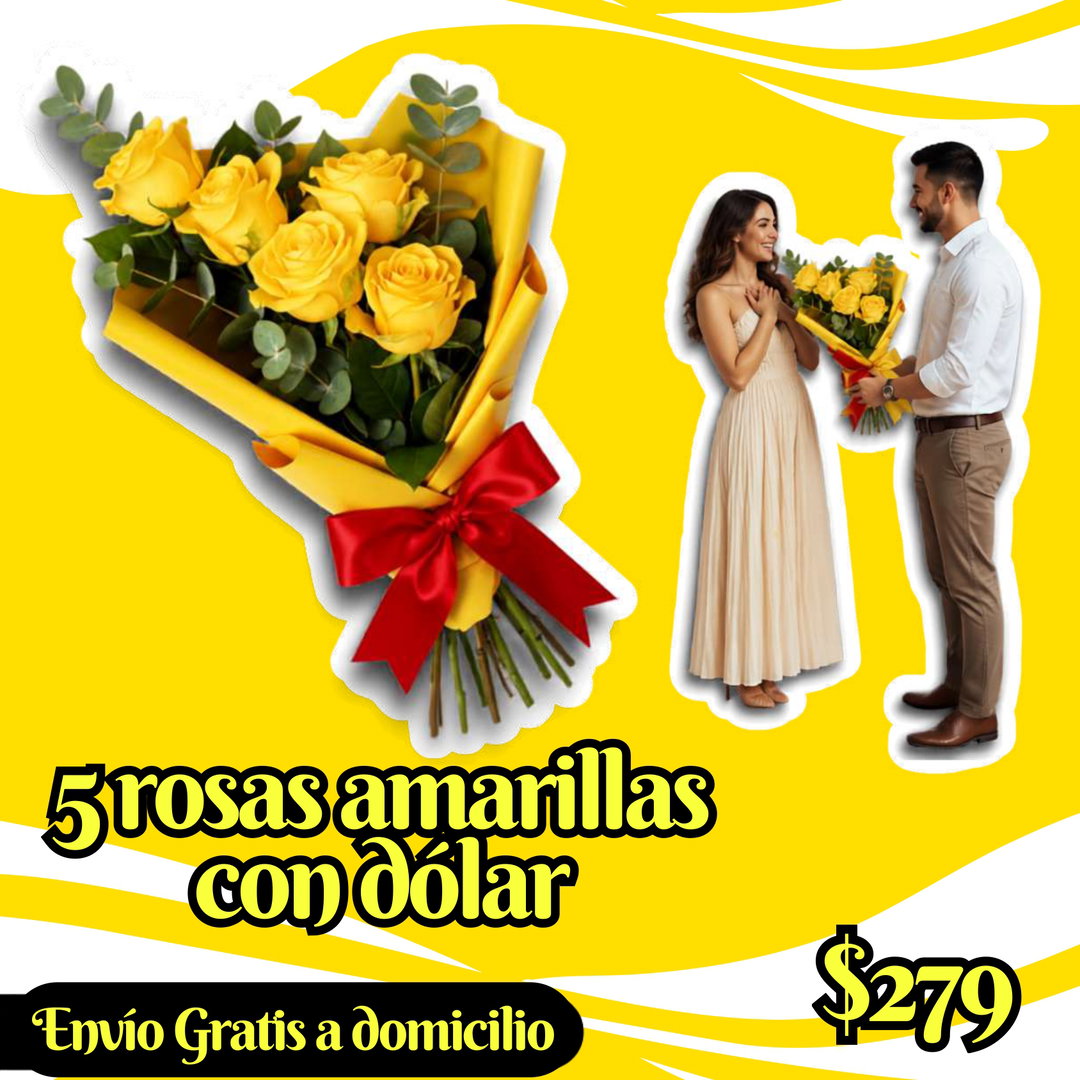 5 rosas amarillas con dólar