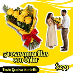 5 rosas amarillas con dólar