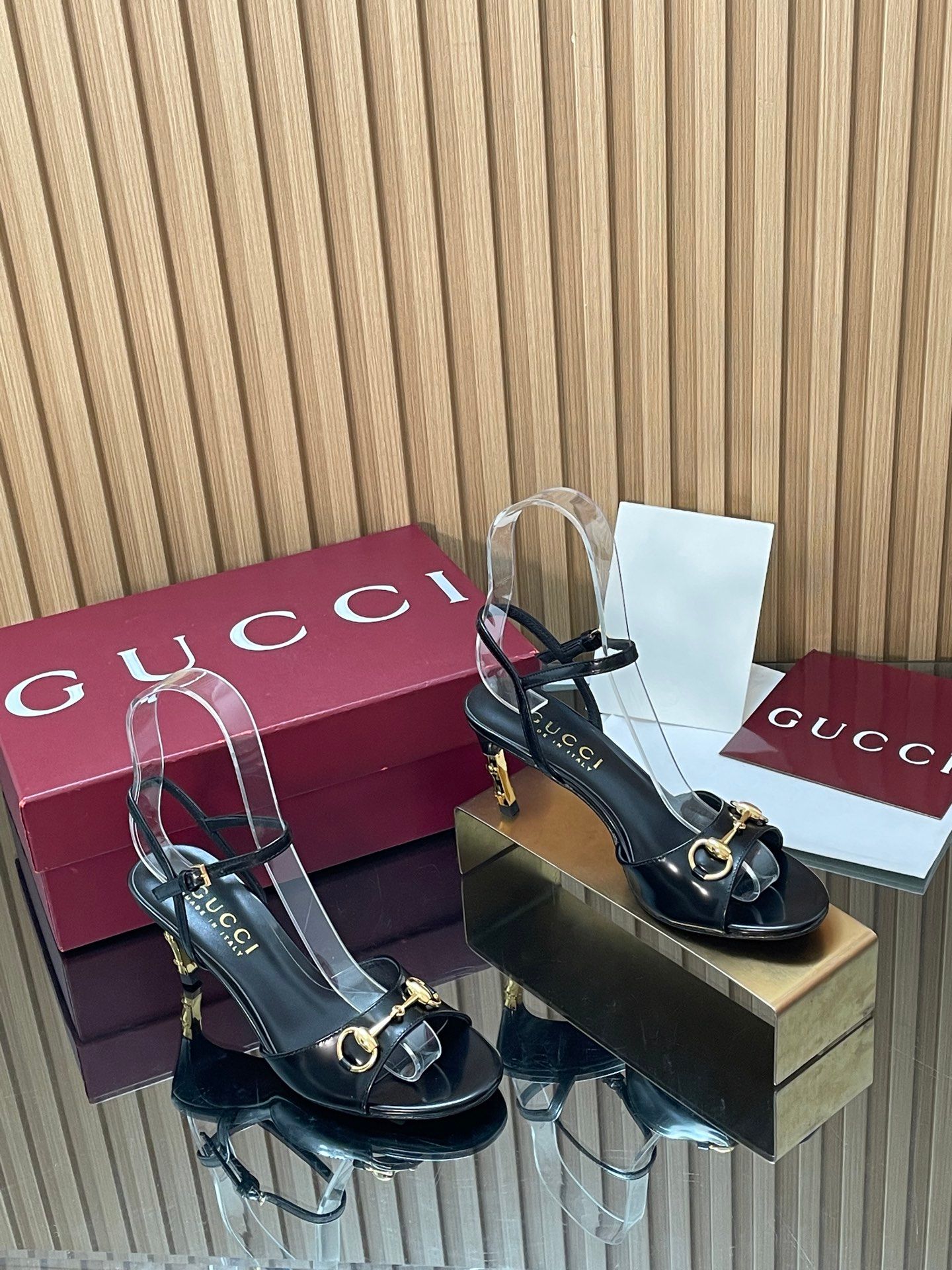 Sandals Gucci purchasing grade 2026 Fashion Show Summer New Collection Rear lace up high heels Electroplated metal thin heel straight strap sandals Gucci bamboo and sandals The latest high-heeled _0