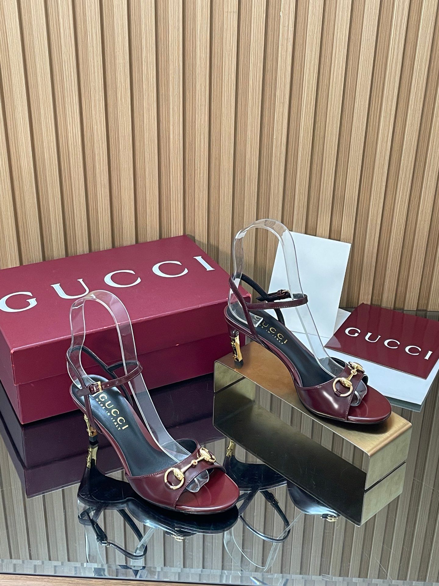 Sandals Gucci purchasing grade 2026 Fashion Show Summer New Collection Rear lace up high heels Electroplated metal thin heel straight strap sandals Gucci bamboo and sandals The latest high-heeled _0