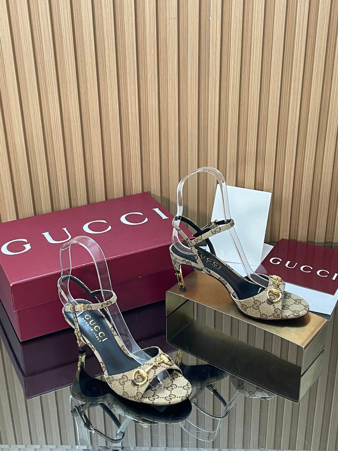 Sandals Gucci purchasing grade 2026 Fashion Show Summer New Collection Rear lace up high heels Electroplated metal thin heel straight strap sandals Gucci bamboo and sandals The latest high-heeled 