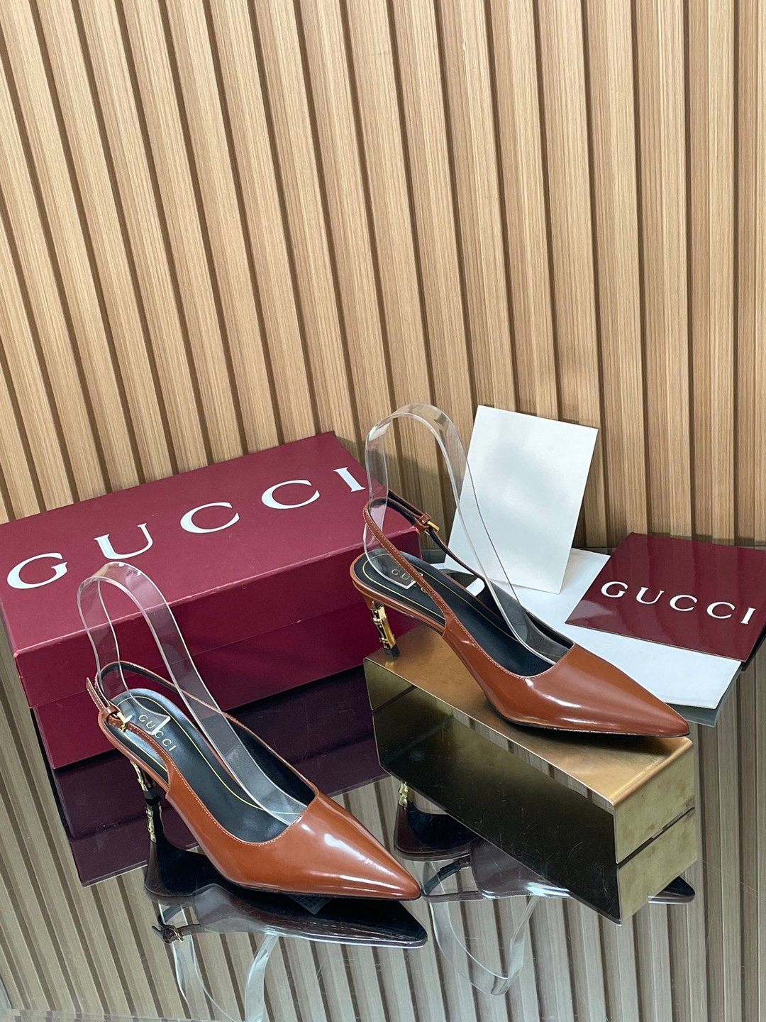 Rear empty sandals 326 Gucci purchasing grade 2026 Fashion Show Summer New Collection of Barefoot Sandals Ankle strap buckle high heels Electroplated metal thin heel pointed shoes Gucci bamboo sandals