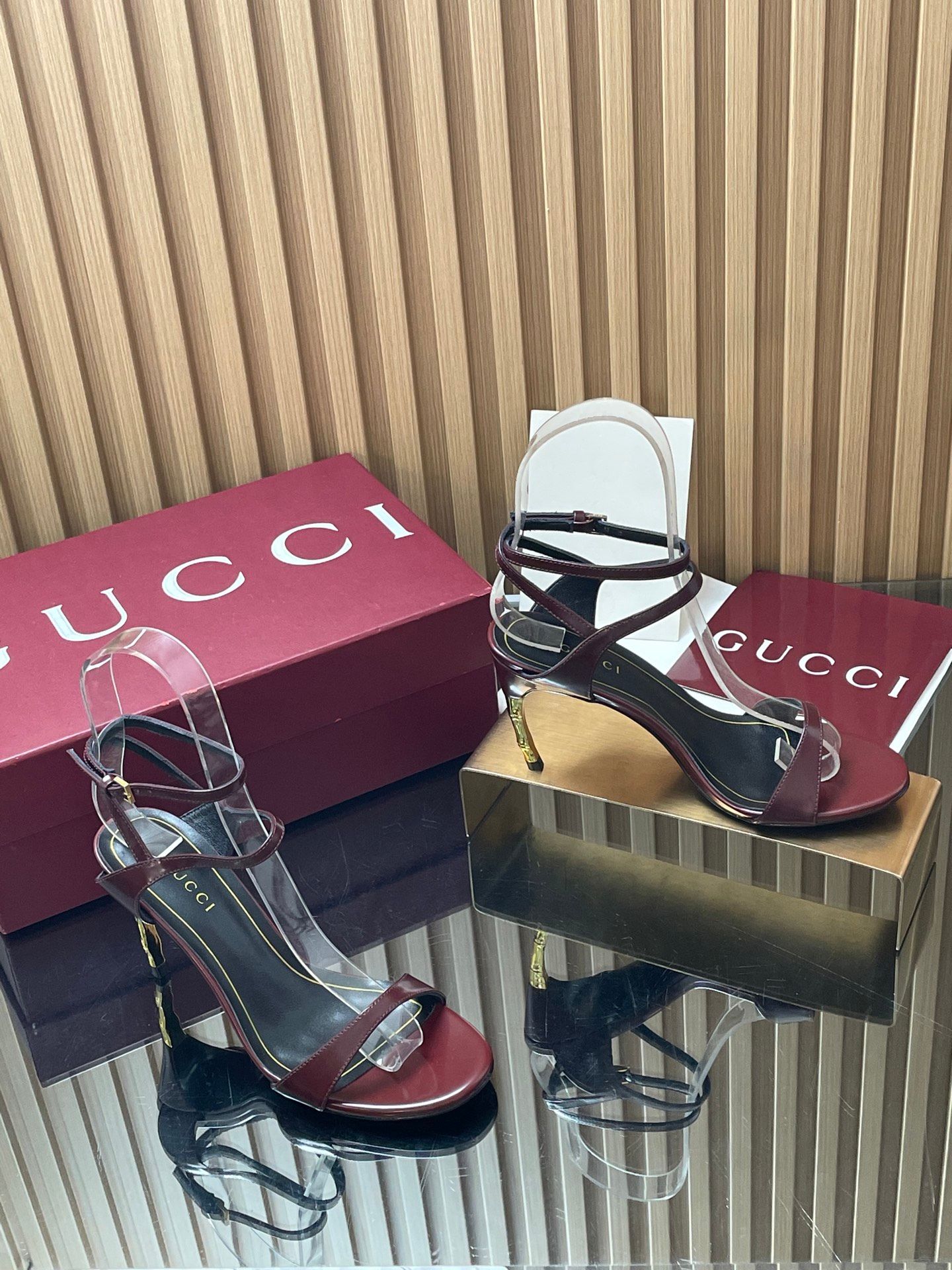 Sandals Gucci purchasing grade 2026 Fashion Show Summer New Collection Wrist ankle strap high heels Electroplated metal fine heel sandals Gucci bamboo and sandals The latest high-heeled sandals wi_0
