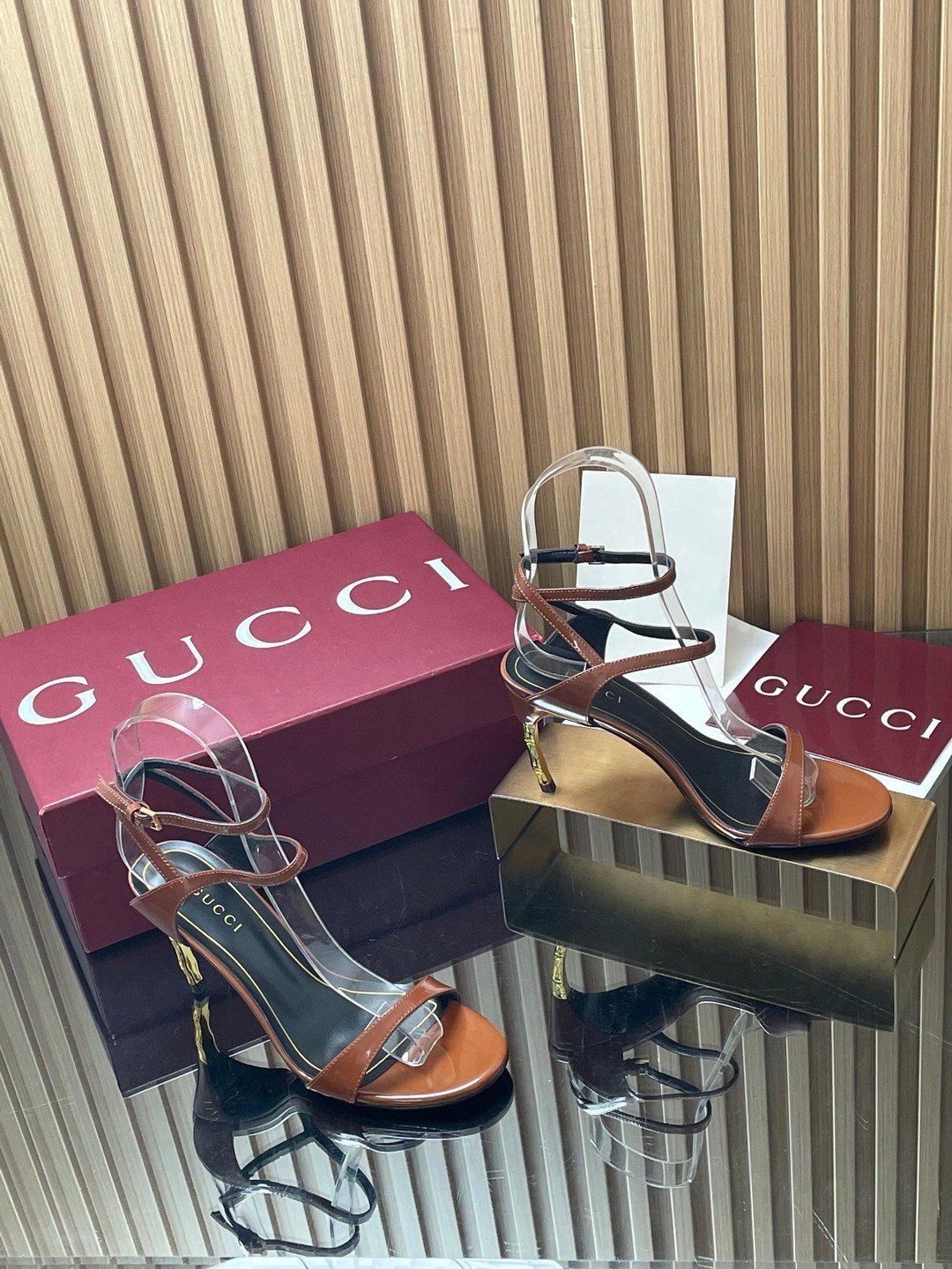 Sandals Gucci purchasing grade 2026 Fashion Show Summer New Collection Wrist ankle strap high heels Electroplated metal fine heel sandals Gucci bamboo and sandals The latest high-heeled sandals wi