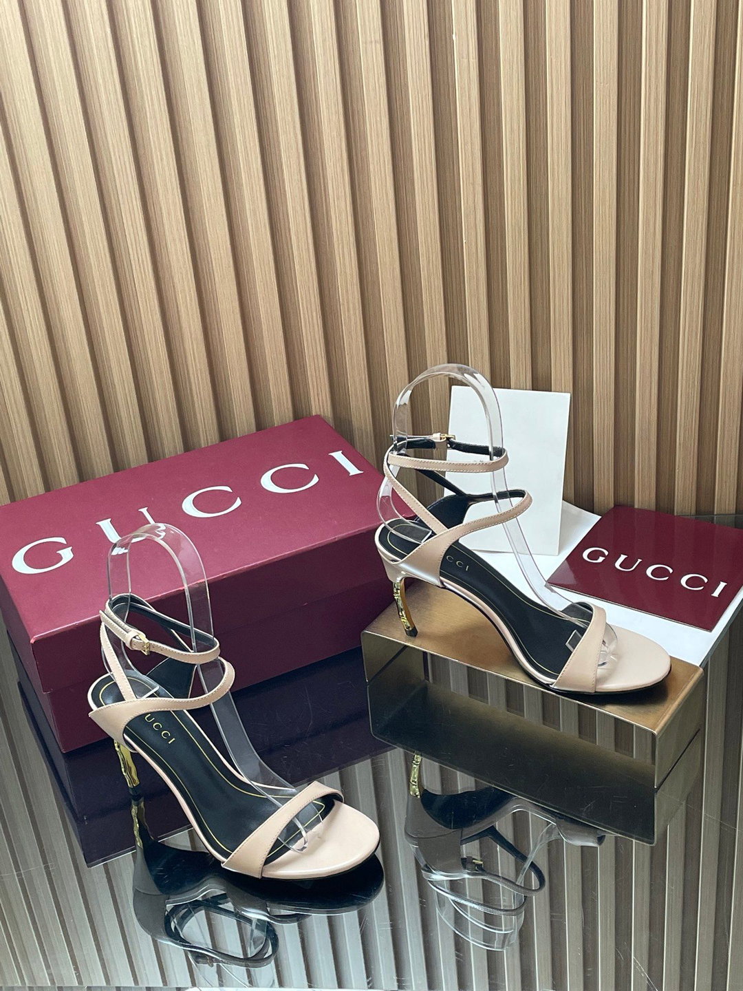 Sandals Gucci purchasing grade 2026 Fashion Show Summer New Collection Wrist ankle strap high heels Electroplated metal fine heel sandals Gucci bamboo and sandals The latest high-heeled sandals wi
