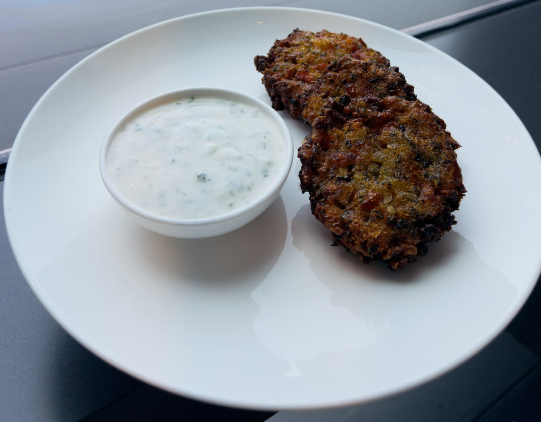 Tomato Fritters with Garlic Infused Yogurt (V)