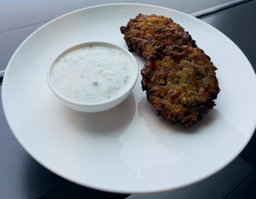 Tomato Fritters with Garlic Infused Yogurt (V)