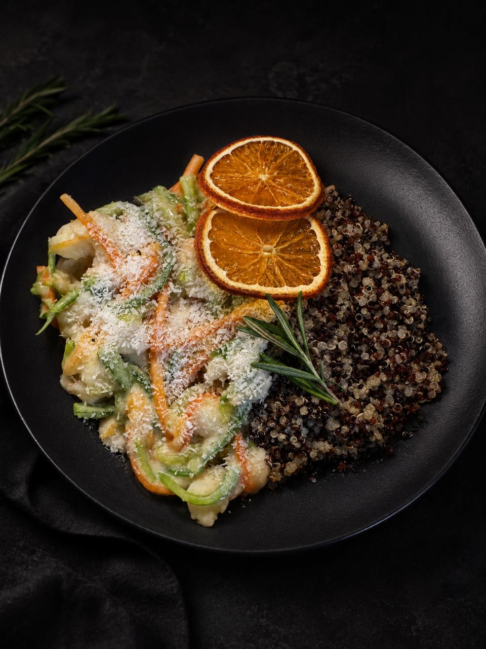Креветки в кокосовых сливках с киноа на пасте из цуккини и моркови со свежим имбирём и чесноком