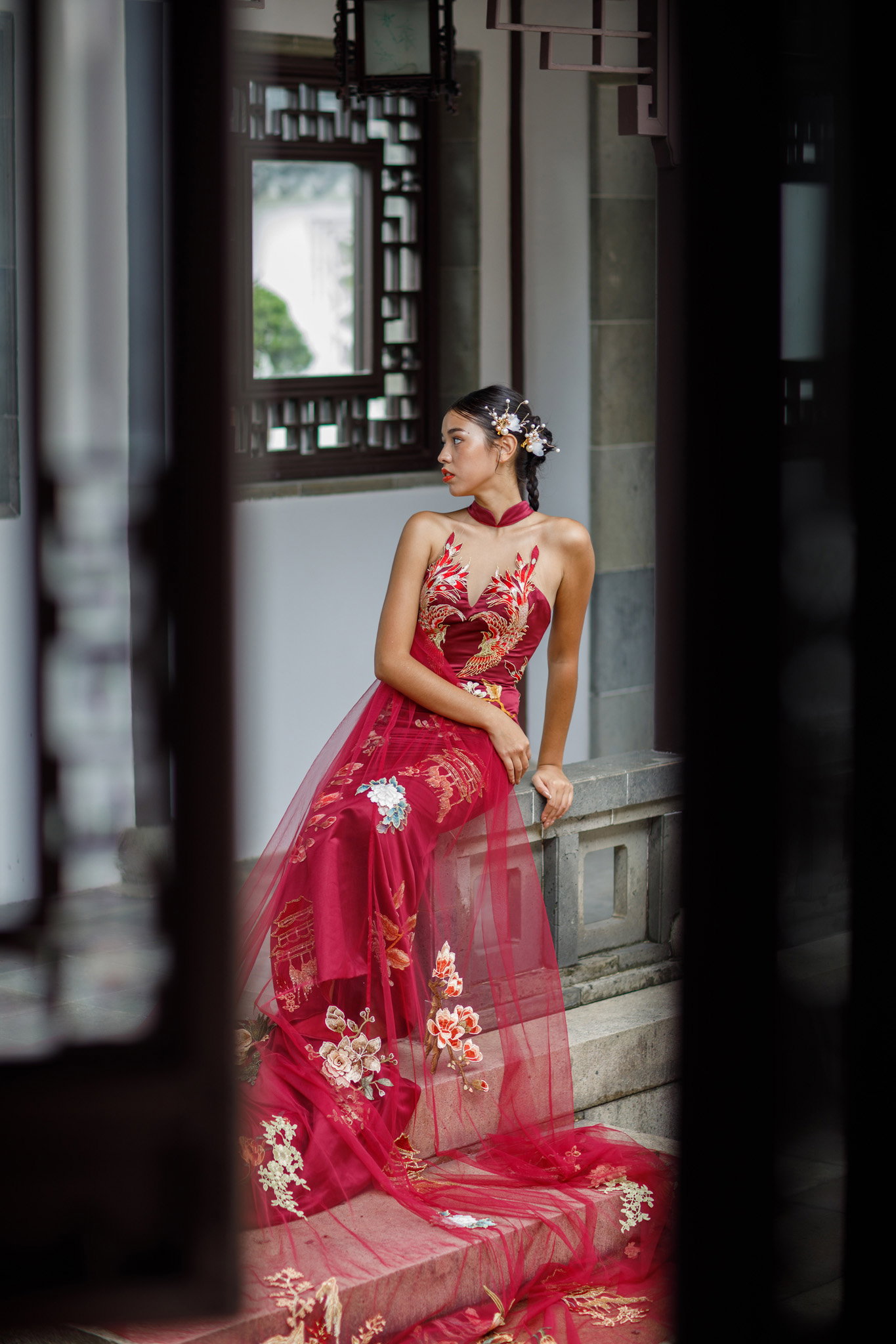 Burgundy Phoenix Cheongsam_1