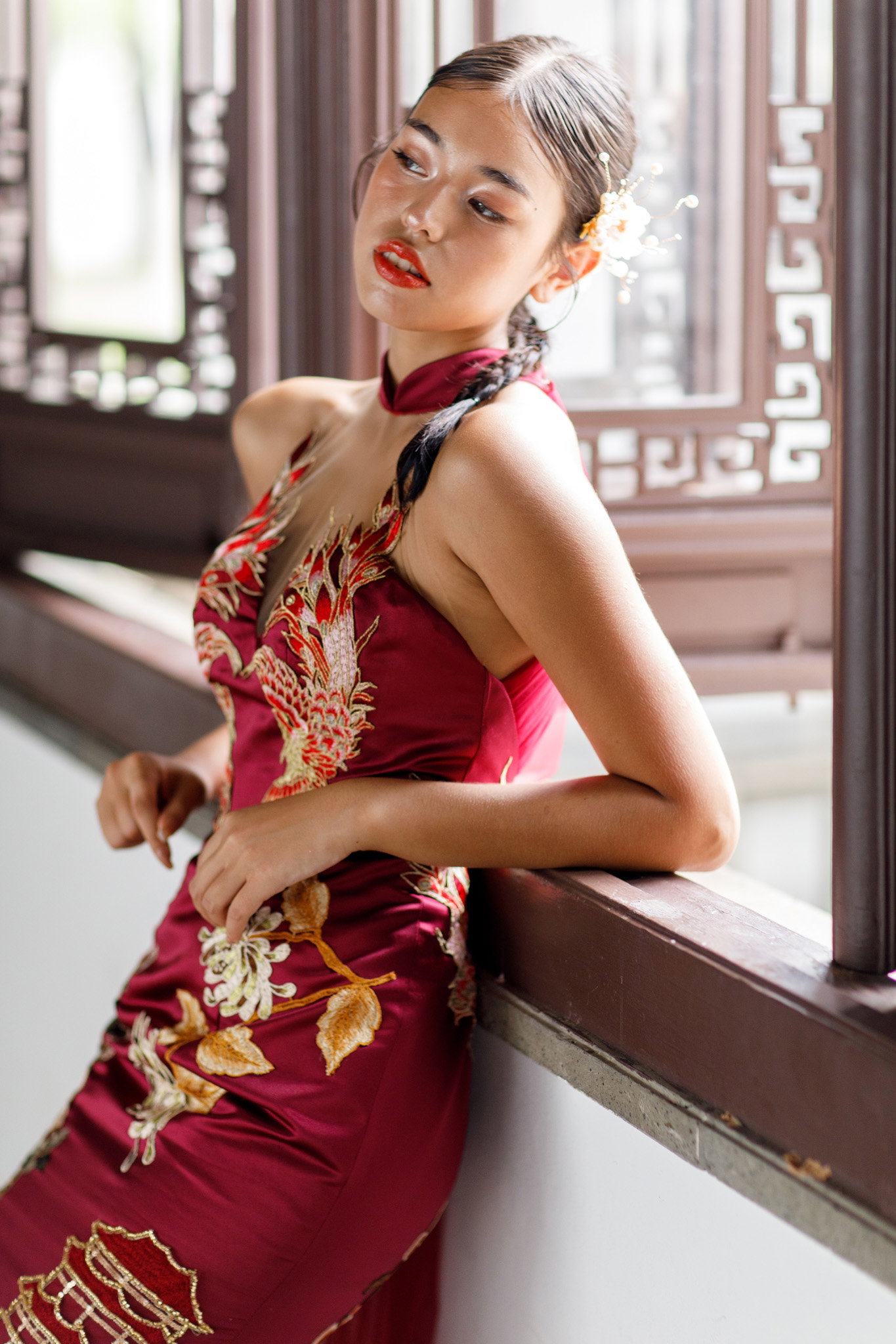 Burgundy Phoenix Cheongsam