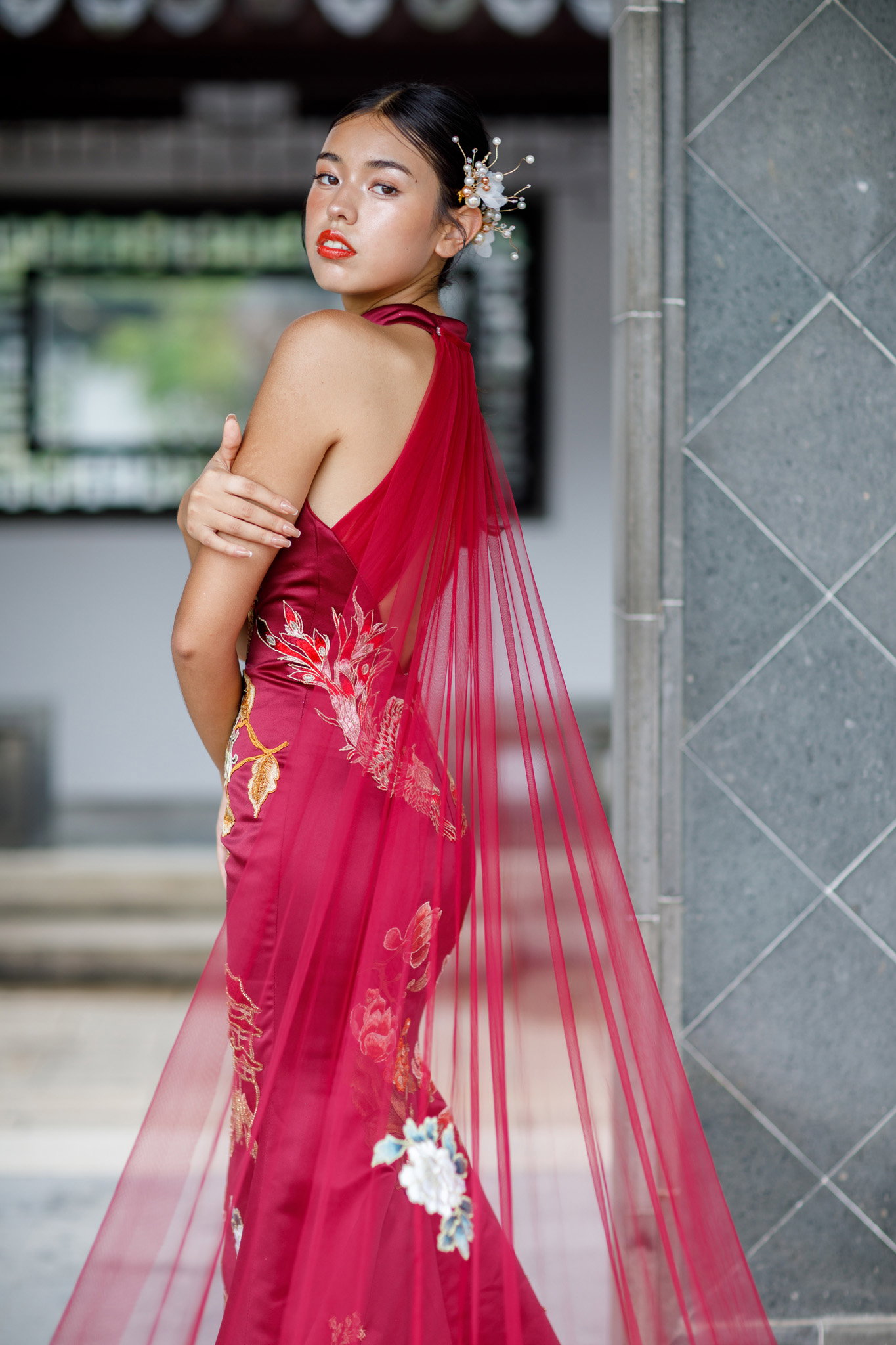 Burgundy Phoenix Cheongsam_2
