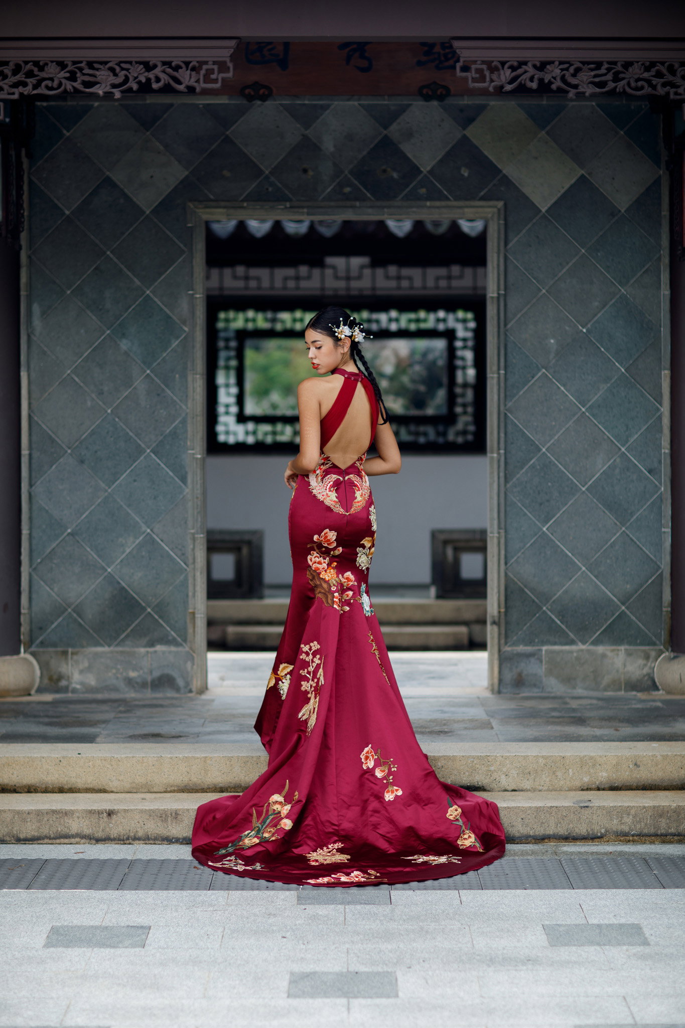 Burgundy Phoenix Cheongsam_4