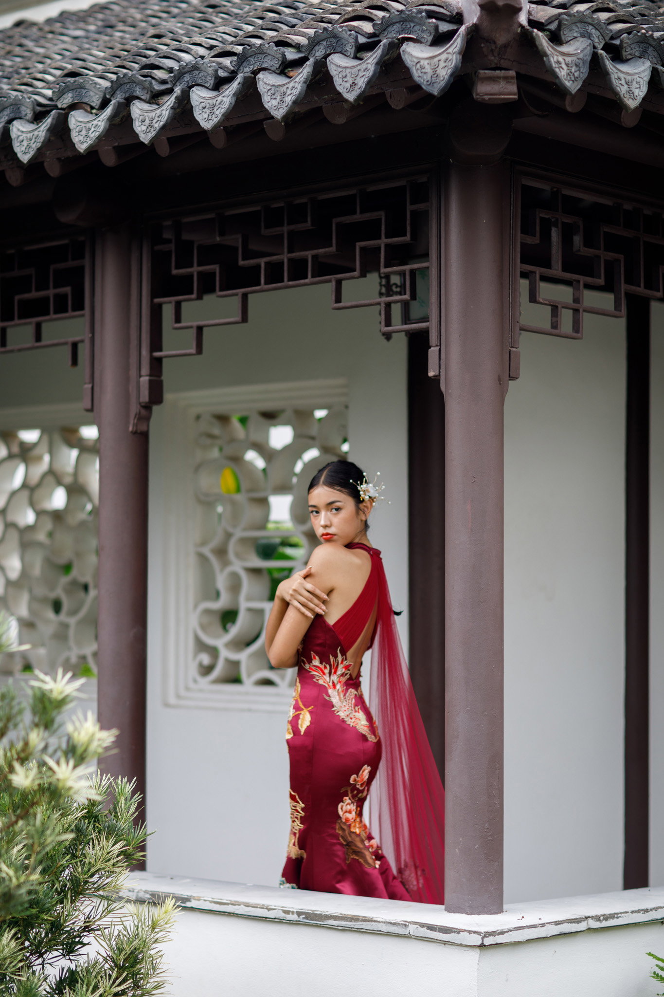 Burgundy Phoenix Cheongsam_8