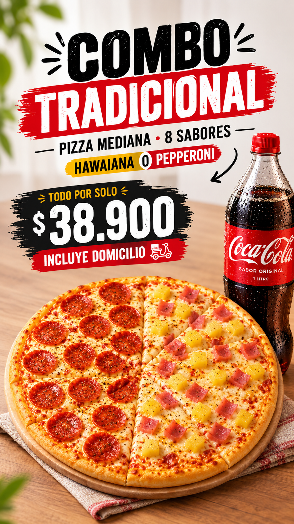 Combo Tradicional Mediana (Pepperoni o Hawaiana)
