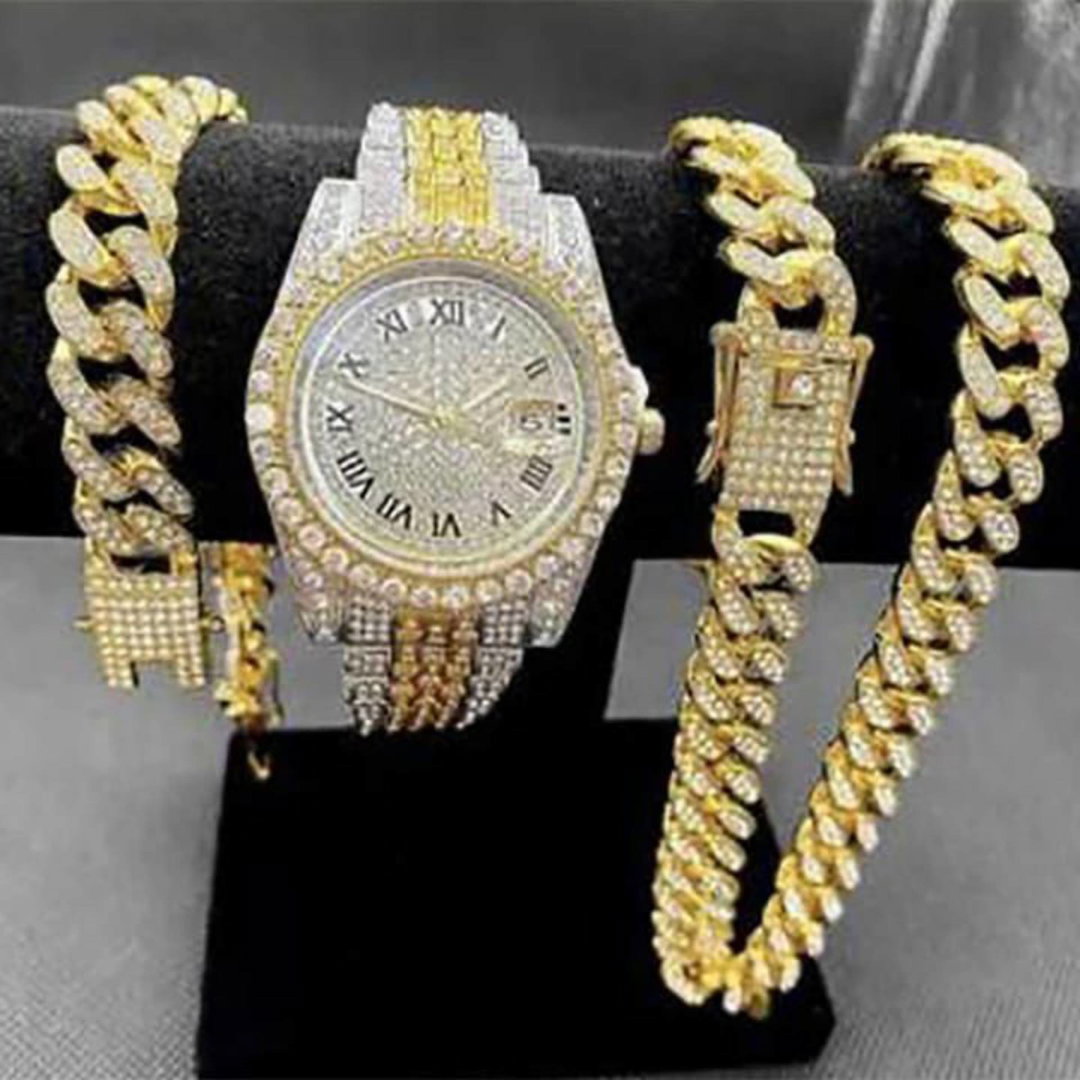 Set Iced Watch 3 Pièces - Chaîne Cubaine Dorée