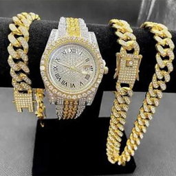 Set Iced Watch 3 Pièces - Chaîne Cubaine Dorée