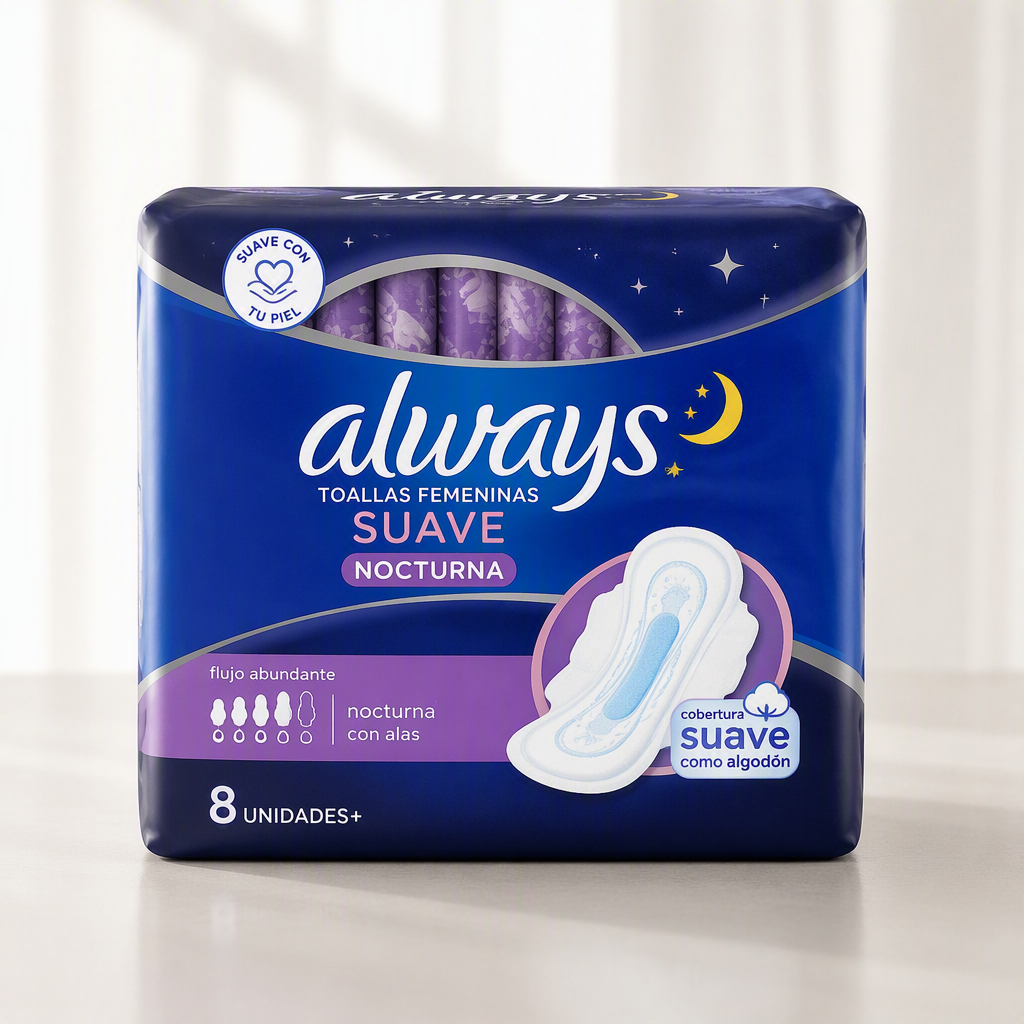 ALWAYS TOALLAS FEMENINAS SUAVE NOCTURNA FEMENINAS, 8UNIDADES+