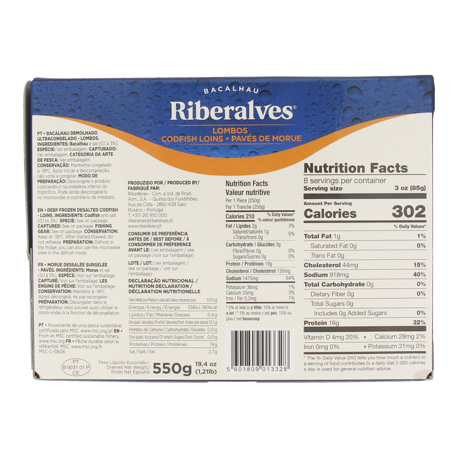 RIBERAVLES Bacalhau Salted Cod Fish Loin (2S) Desalted 550G_1