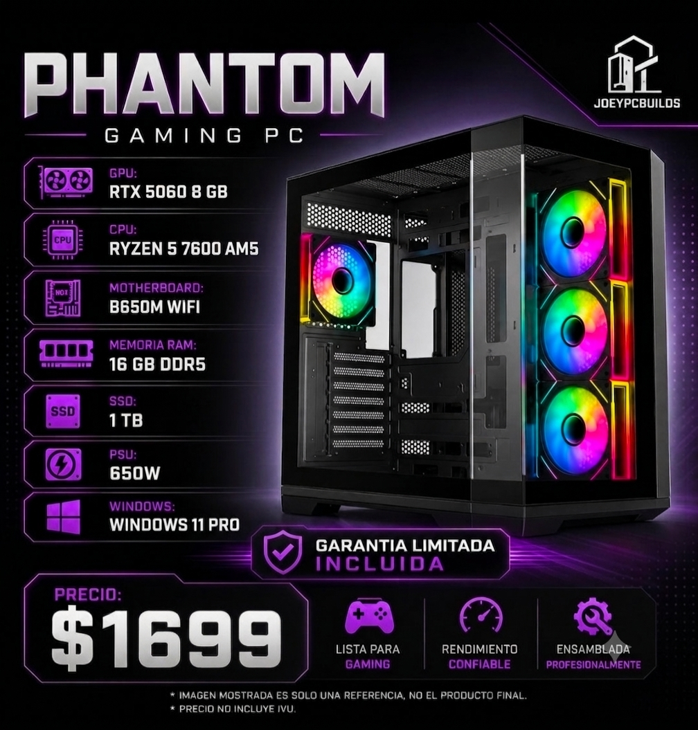 Gaming PC Phantom Edition – Ryzen 5 7600 AM5 – RTX 5060 8GB – 16GB DDR5 – 1TB NVMe SSD – Windows 11 Pro – WiFi_0