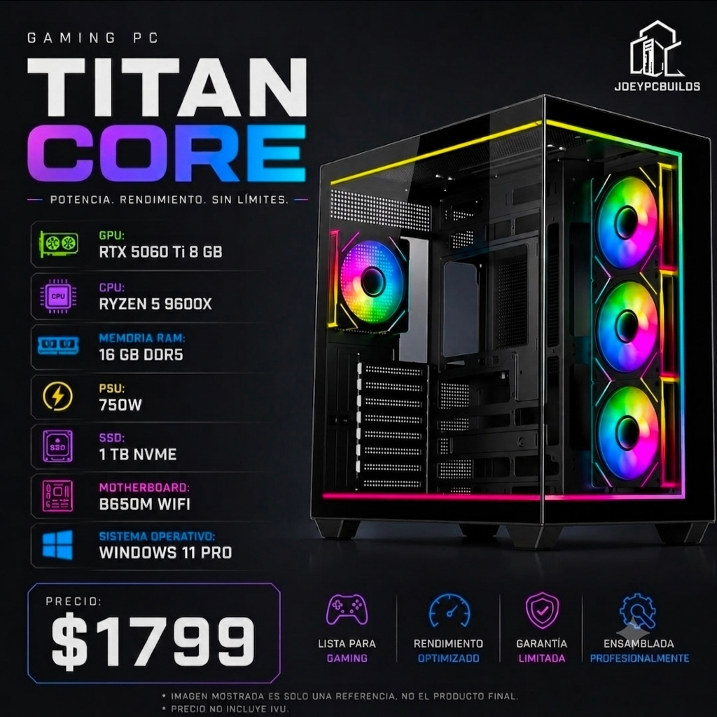 Gaming PC Titan Core – Ryzen 5 9600X – RTX 5060 Ti 8GB – 16GB DDR5 – 1TB NVMe SSD – B650M WiFi – Windows 11 Pro_0