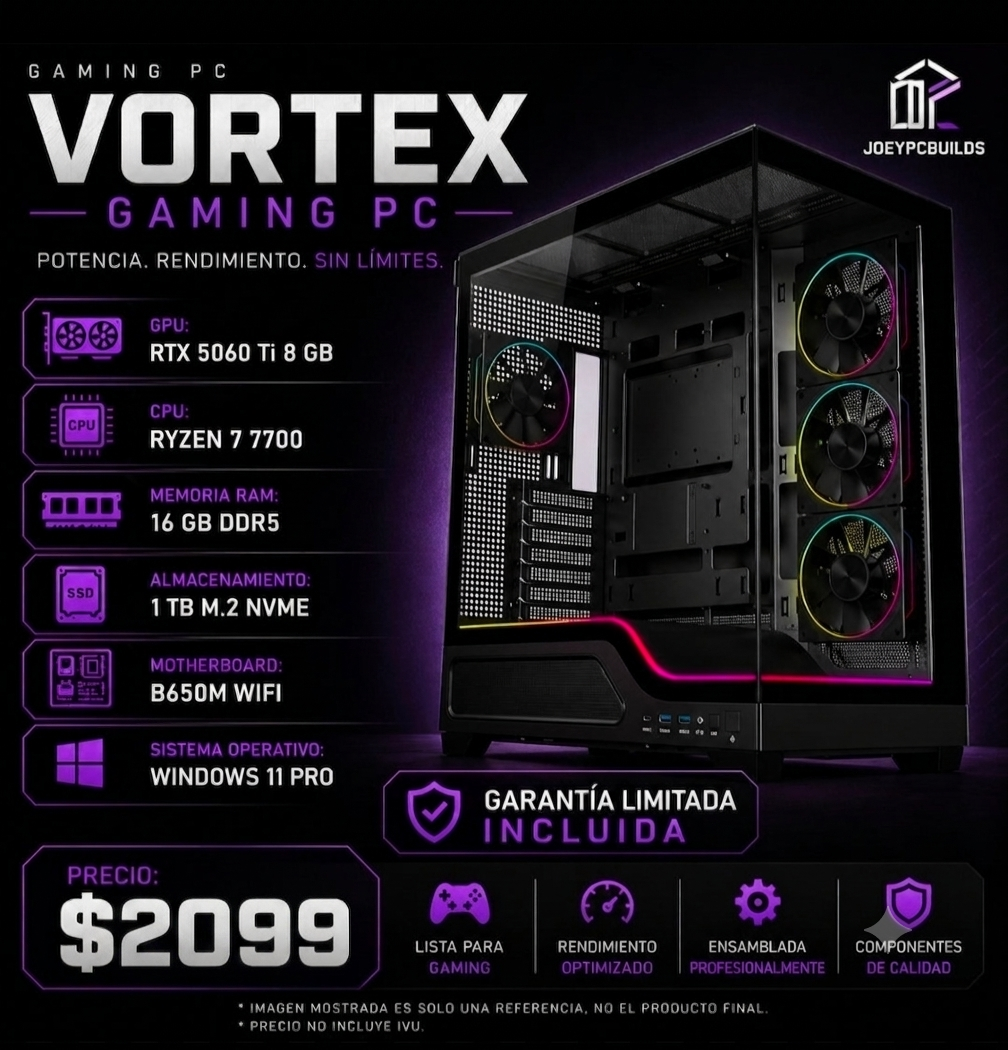 Gaming PC Vortex Edition – Ryzen 7 7700 – RTX 5060 Ti 8GB – 16GB DDR5 – 1TB M.2 NVMe SSD – B650M WiFi – Windows 11 Pro_0