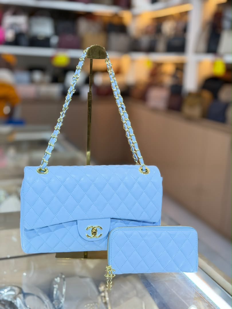 Light Blue Quilted Shoulder Bag Set_0