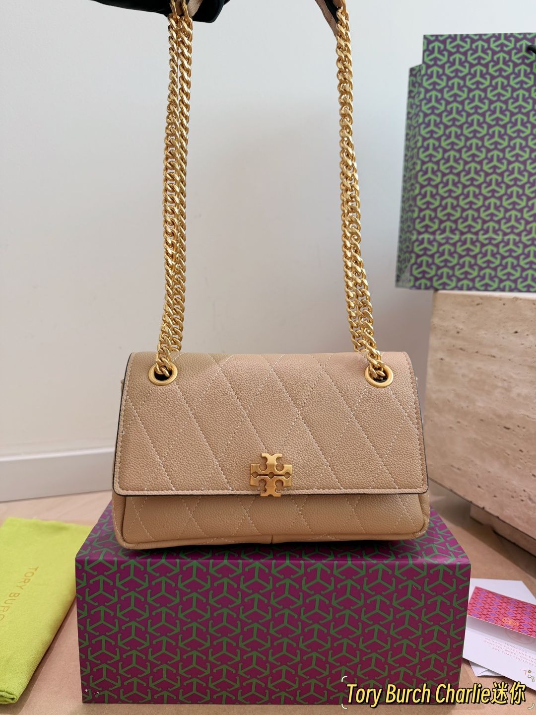 Mini Tory Burch Charlie series diamond grid chain bag