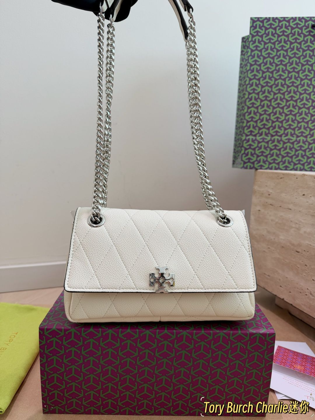 Mini Tory Burch Charlie series diamond grid chain bag_0