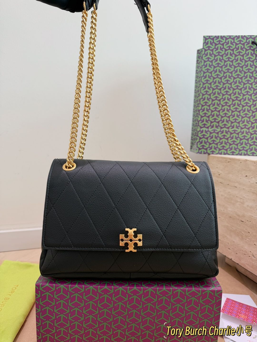 Small Tory Burch Charlie series diamond grid chain bag