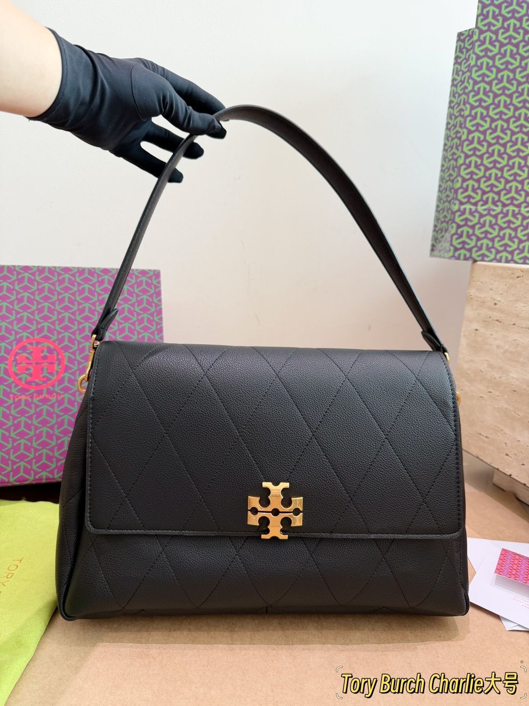 Large Tory Burch Charlie series diamond grid chain bag_0