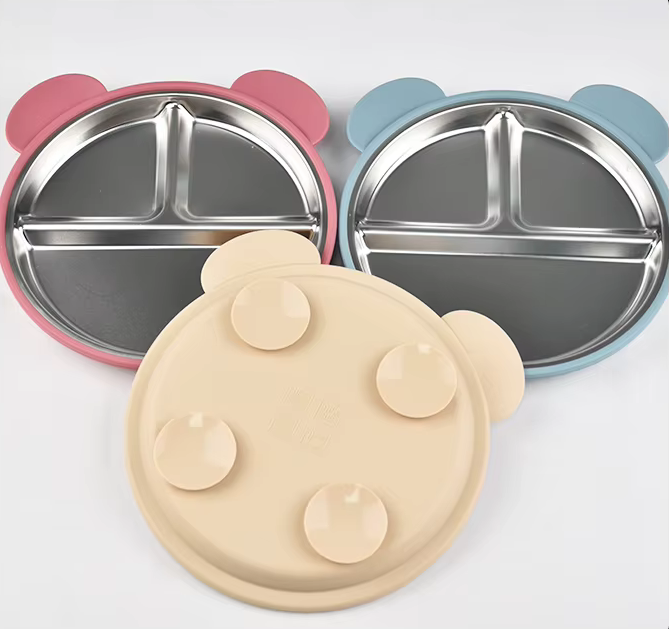 SS 304 3-Way Dining Plate with Suction (Bear)