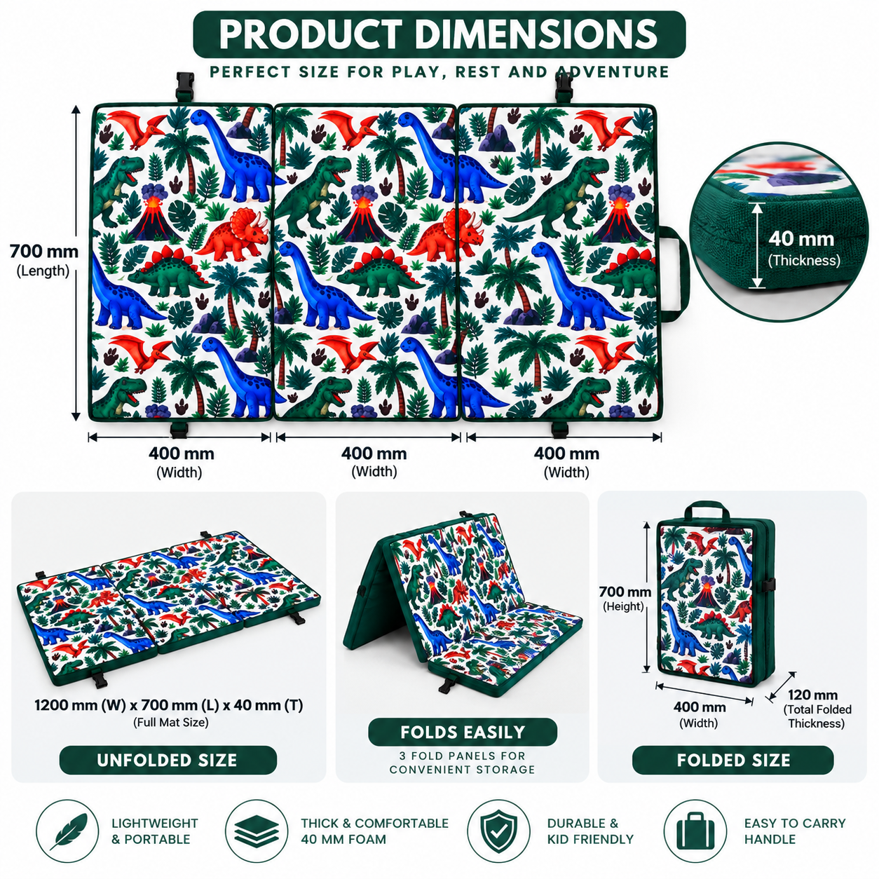 Kidsrock Dino Adventure 3-Panel Foldable Kids Mattress & Play Mat_4