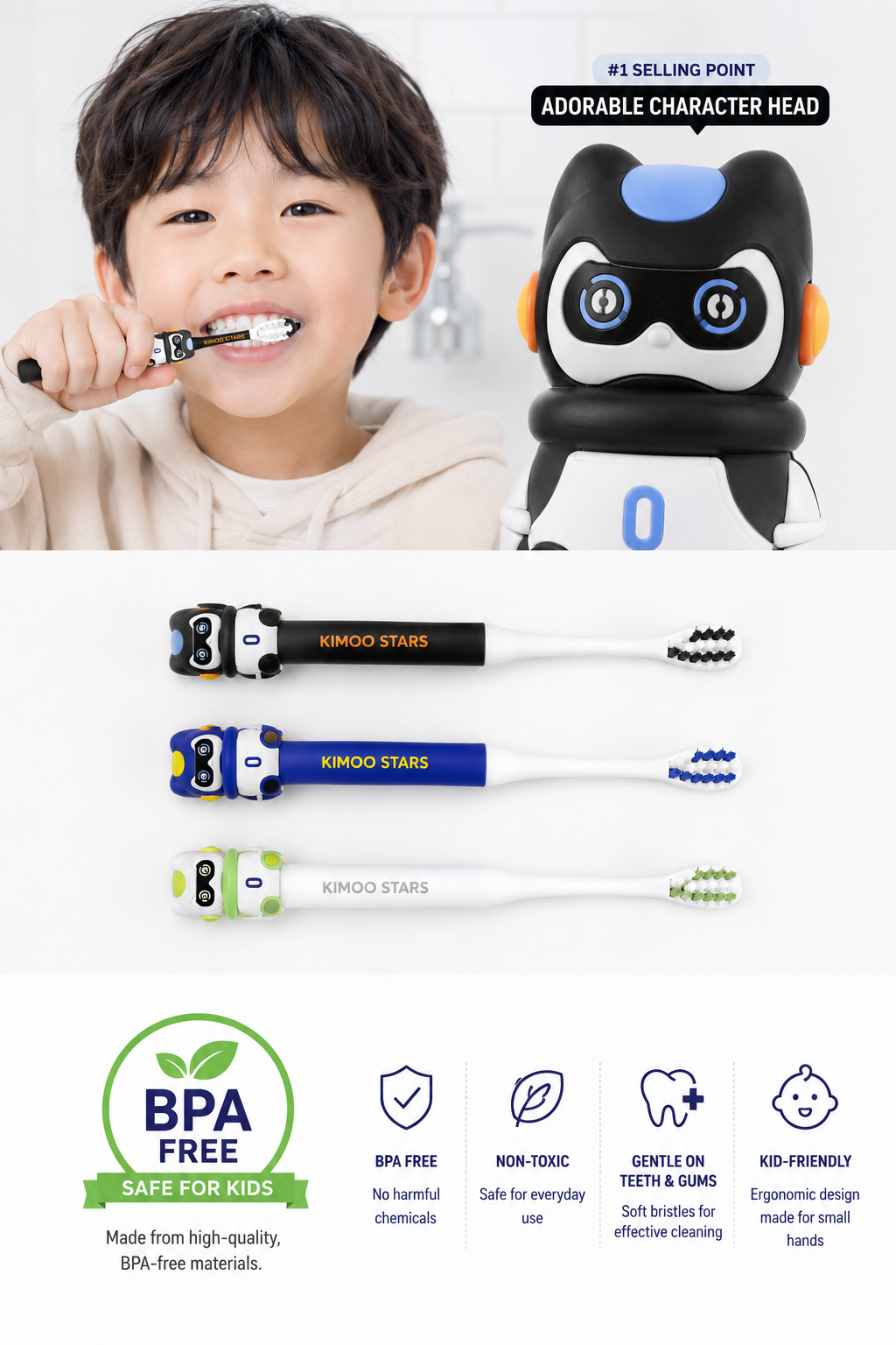 Kids Toothbrush Cartoon Robot – Soft Silicone Bristles for Ages 3-10