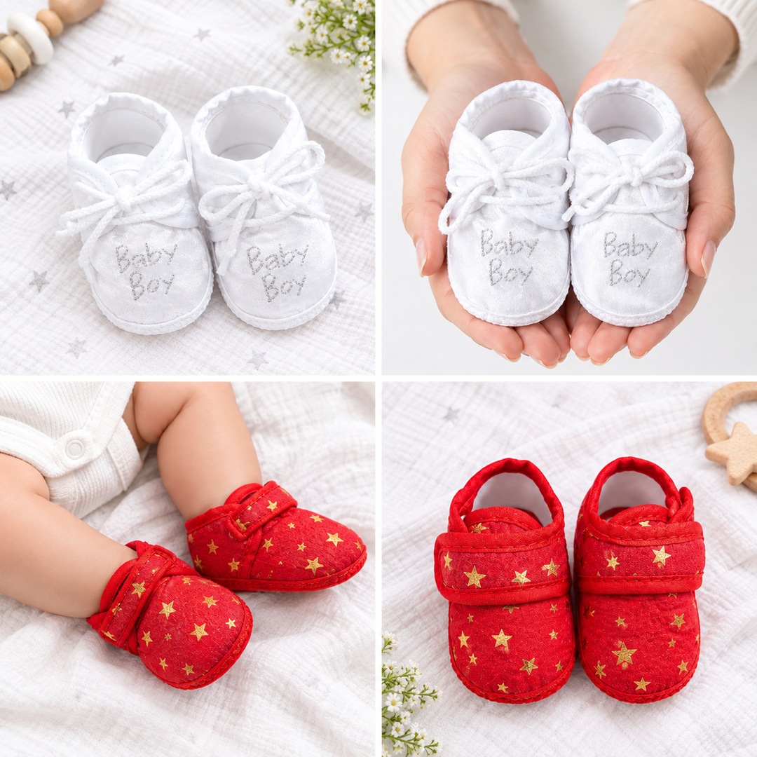Newborn Baby Booties Set of 2 Pairs – Soft Sole Anti-Slip Infant Shoes 0-6 Months