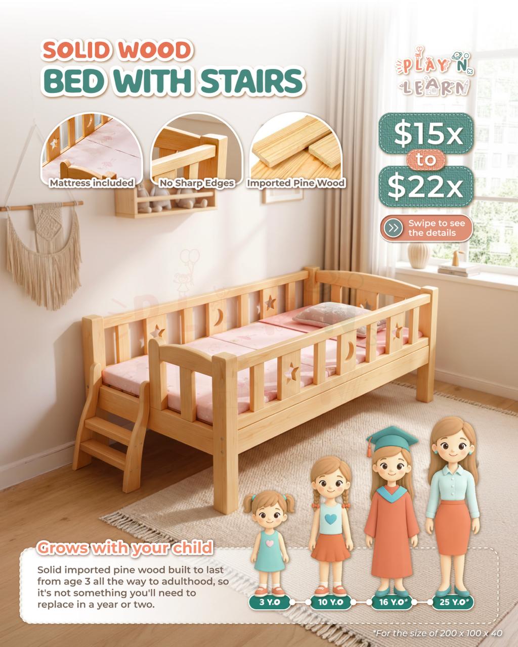 WOODEN BED WITH STAIRS FREE MATTRESS(PREORDER)