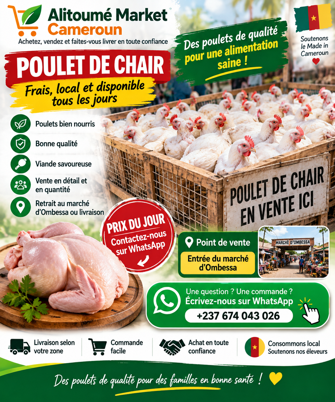 🐔 Poulets de chair disponibles aujourd’hui à l’entrée du marché d’Ombessa.     Choisissez votre catégorie selon le poids.     Les prix sont mis à jour régulièrement selon le marché et la disponibilité.       PRIX DU JOUR – POULET DE CHAIR  Poulets Petits : 1,5 kg à 2 kg Prix : 3 800 FCFA.   Prix taxé : 4 000 FCFA.      Poulets Moyens : 2 kg à 2,5 kg Prix : 4 500 FCFA Prix taxé : 4 700 FCFA   Poulets Gros : 2,5 kg à 3 kg Prix : 5 000 FCFA Prix taxé : 5 500 FCFA_0