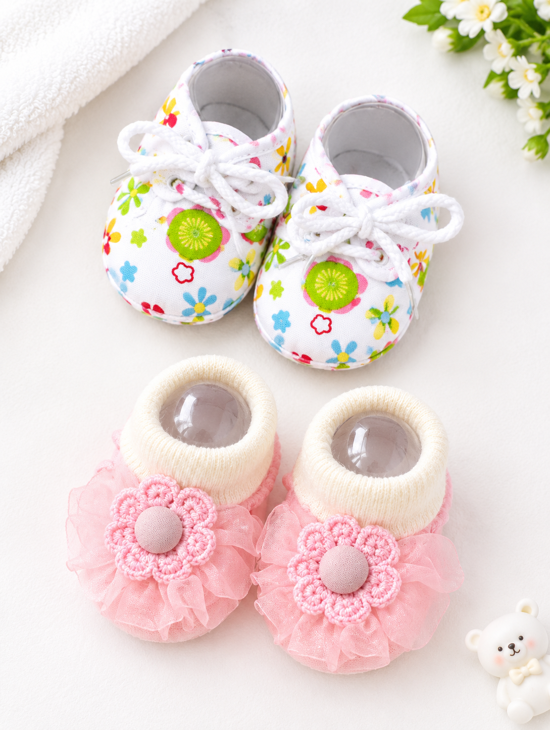 Newborn Baby Booties Set of 2 Pairs – Soft Sole Anti-Slip Infant Shoes 0-6 Months_25