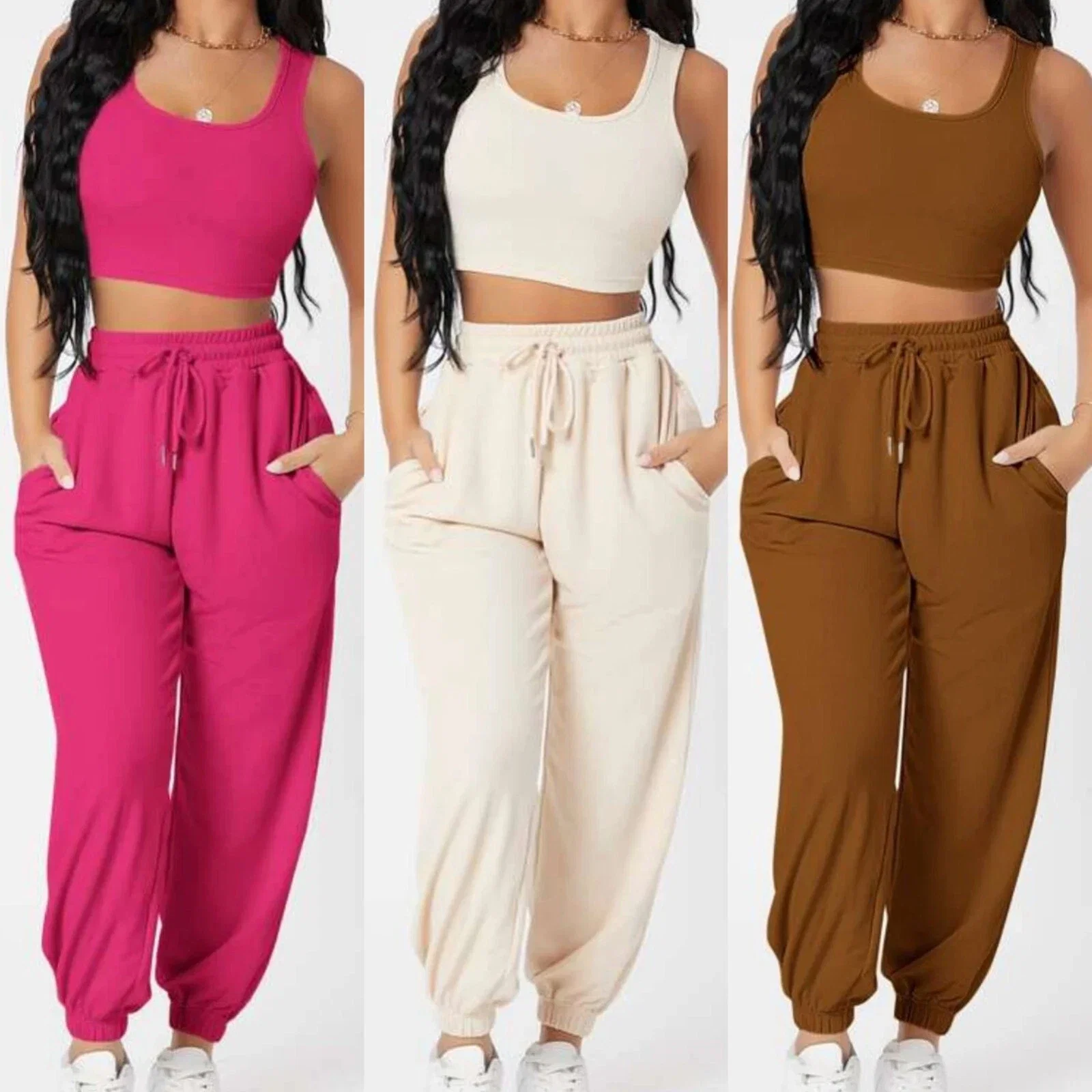 Women Crop Top + Pants Knitted Casual Camisole + Sports Pants Fashion Sleeveless_0