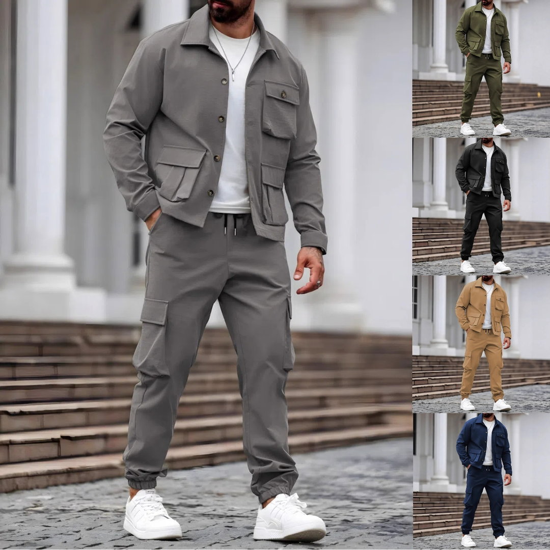 Spring and Autumn Men's Casual Sports Suit Two-piece Set with Multiple Pockets for Daily Casual Wear